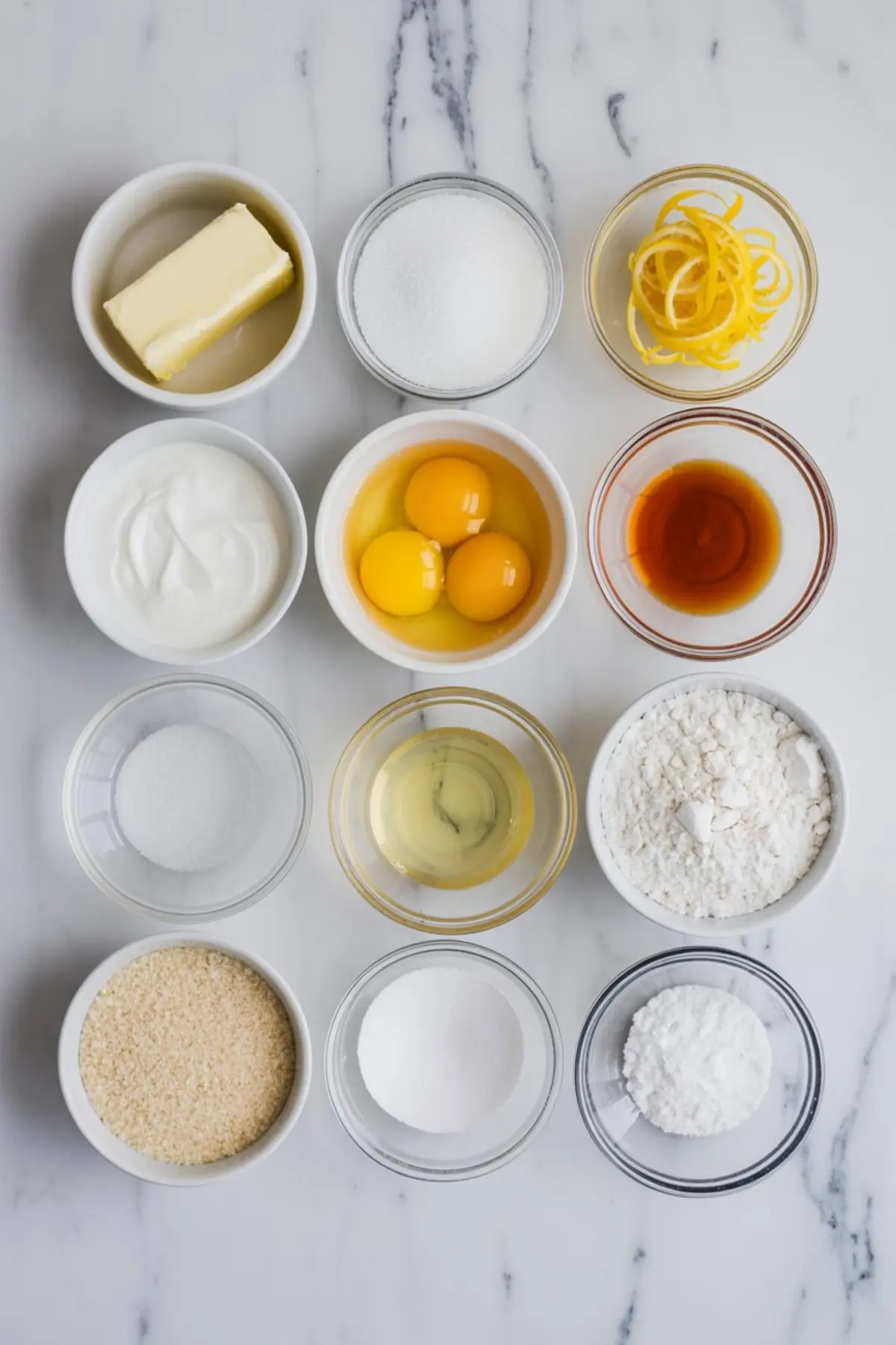 Flat lay of ingredients for lemon almond cake on a marble surface, including butter, sugar, eggs, lemon zest, vanilla, flour, sour cream, and almond flour. Ingredient lineup for baking pins, recipe development, or citrus dessert guides.