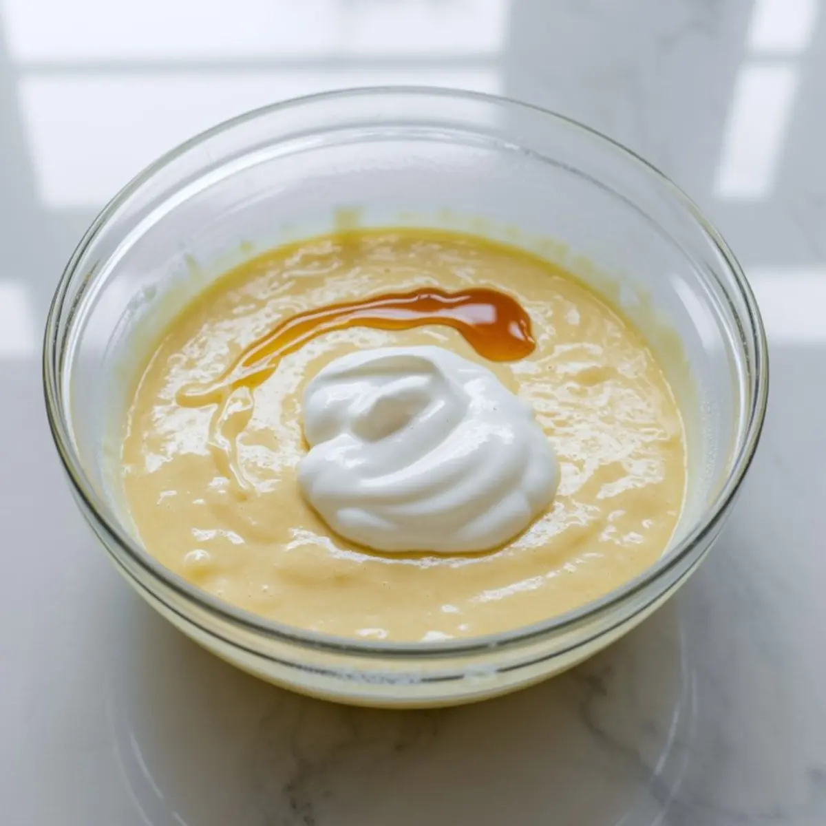 Glass bowl with lemon almond cake batter topped with whipped cream and vanilla, ready to be mixed. Process step for cake preparation shots or recipe walkthroughs.