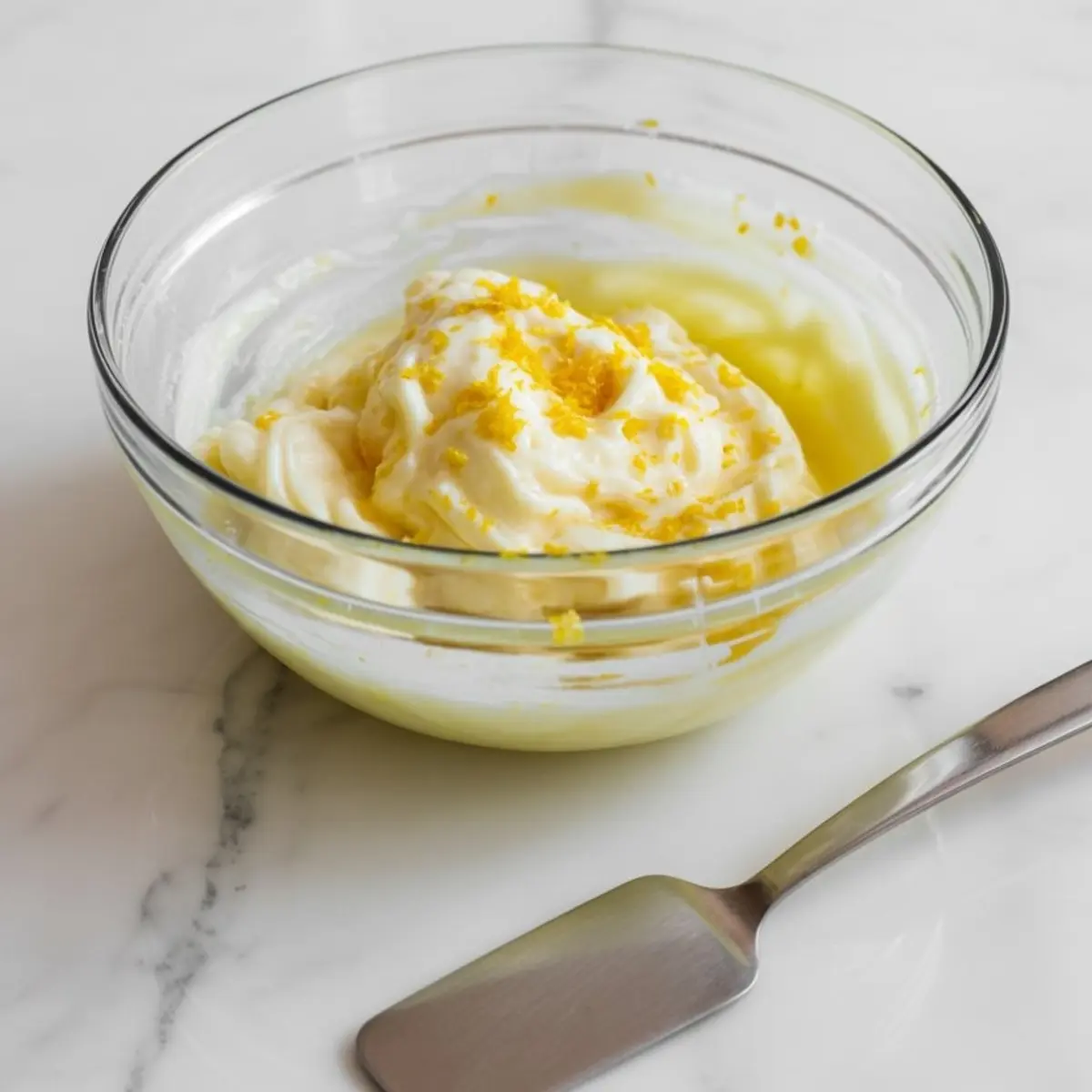 Glass bowl with whipped cream and lemon zest on top of a yellow batter mixture, placed beside a metal spatula on a marble countertop. Step in cake-making process highlighting zest integration for citrus flavor enhancement.