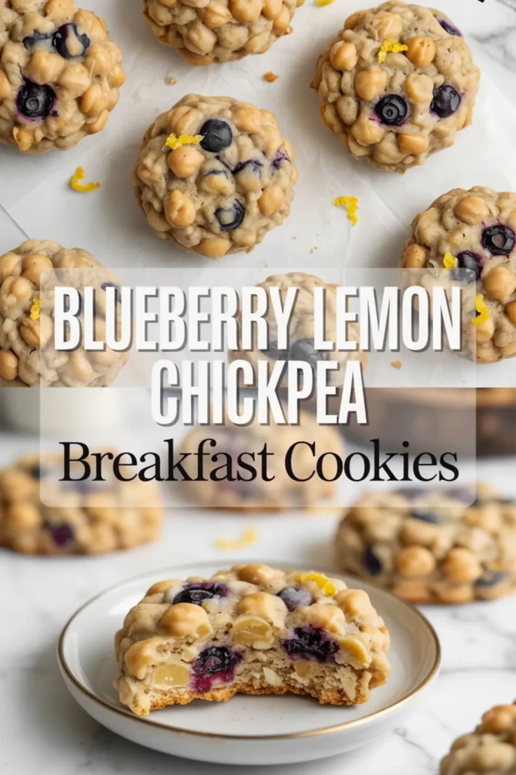 Flat-lay of blueberry lemon chickpea breakfast cookies arranged on parchment paper and a detailed shot of a halved cookie on a white plate. The cookies are packed with plump blueberries, soft chickpeas, and lemon zest for a high-fiber, naturally sweet breakfast option.