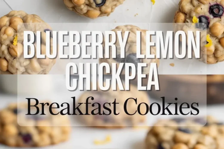 Flat-lay of blueberry lemon chickpea breakfast cookies arranged on parchment paper and a detailed shot of a halved cookie on a white plate. The cookies are packed with plump blueberries, soft chickpeas, and lemon zest for a high-fiber, naturally sweet breakfast option.