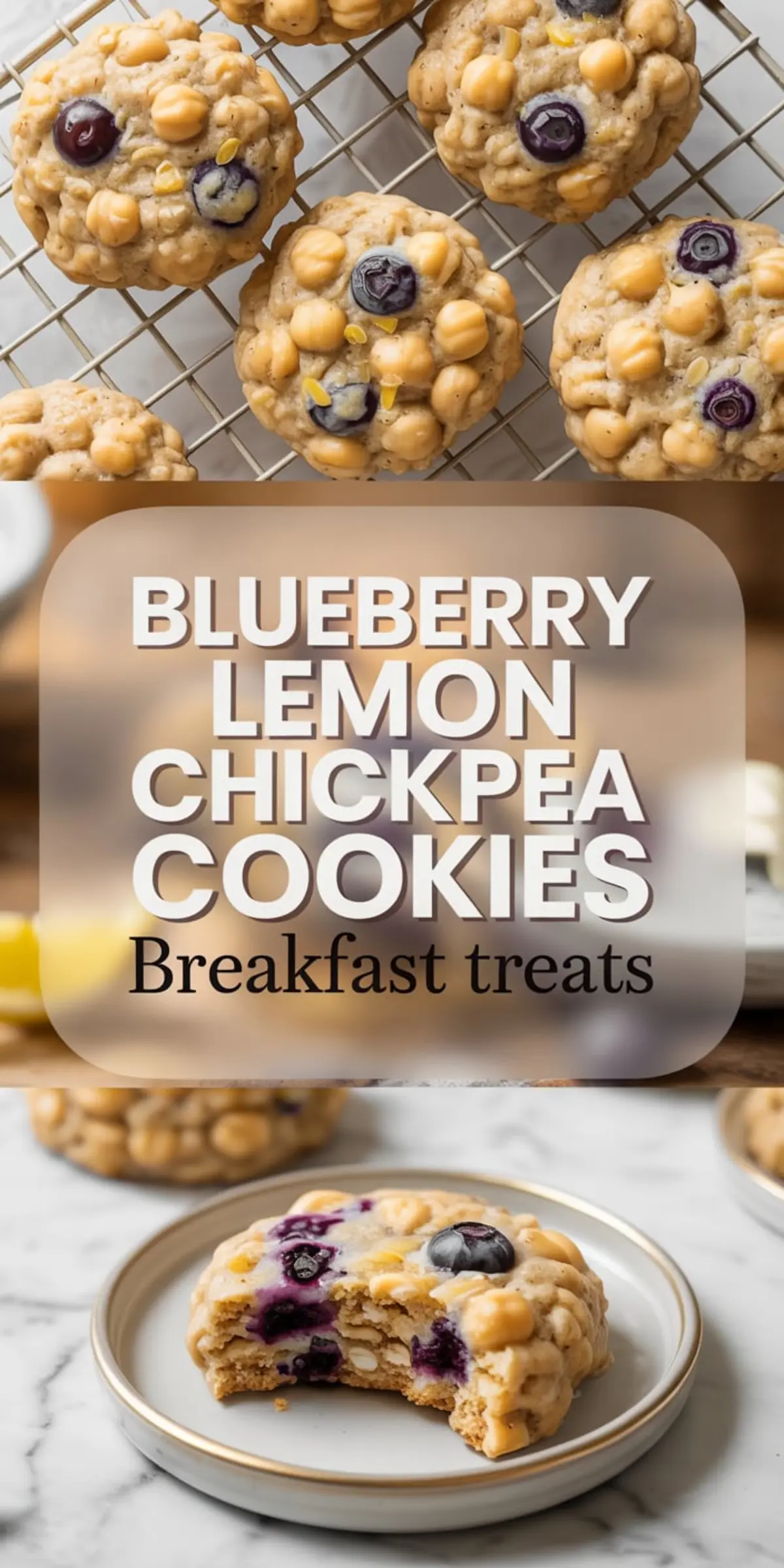 Wire rack with freshly baked blueberry lemon chickpea cookies above a close-up of a cookie with a bite taken out, showing the soft center filled with blueberries and oats. The cookies are round, golden, and studded with visible chickpeas, ideal for healthy breakfast baking.