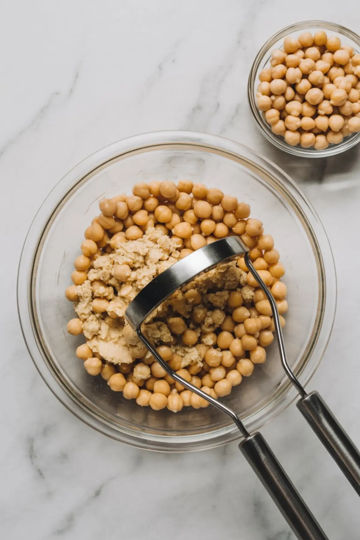 Glass mixing bowl with whole and mashed chickpeas being processed with a metal potato masher, set on a white marble surface. This prep step highlights the base for plant-based cookie dough using chickpeas as a protein source.