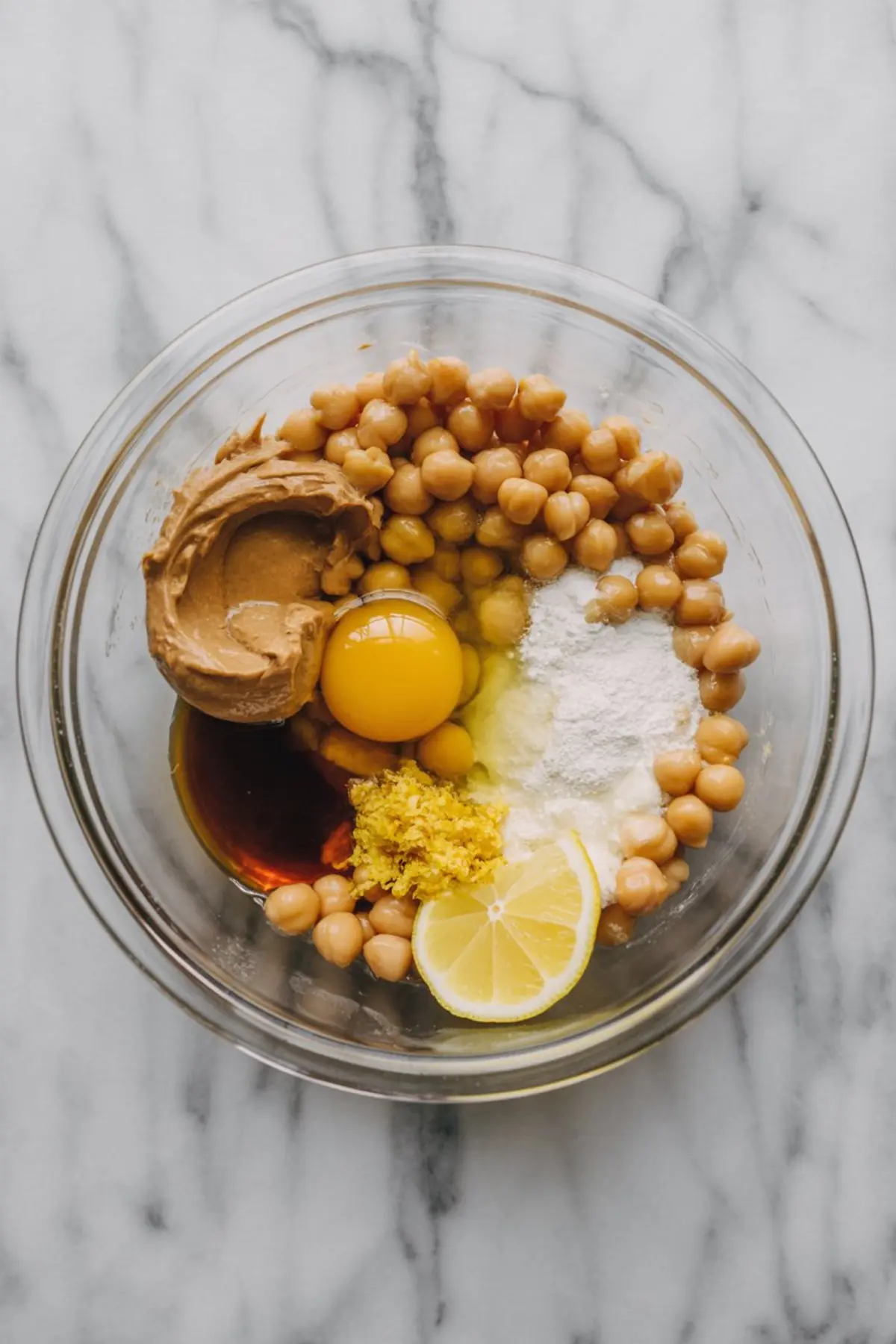 Top view of a glass bowl filled with raw cookie ingredients, including chickpeas, peanut butter, lemon zest, a raw egg, vanilla extract, baking powder, and a lemon slice. The ingredients are arranged in separate sections, ready to be blended for chickpea-based cookies.