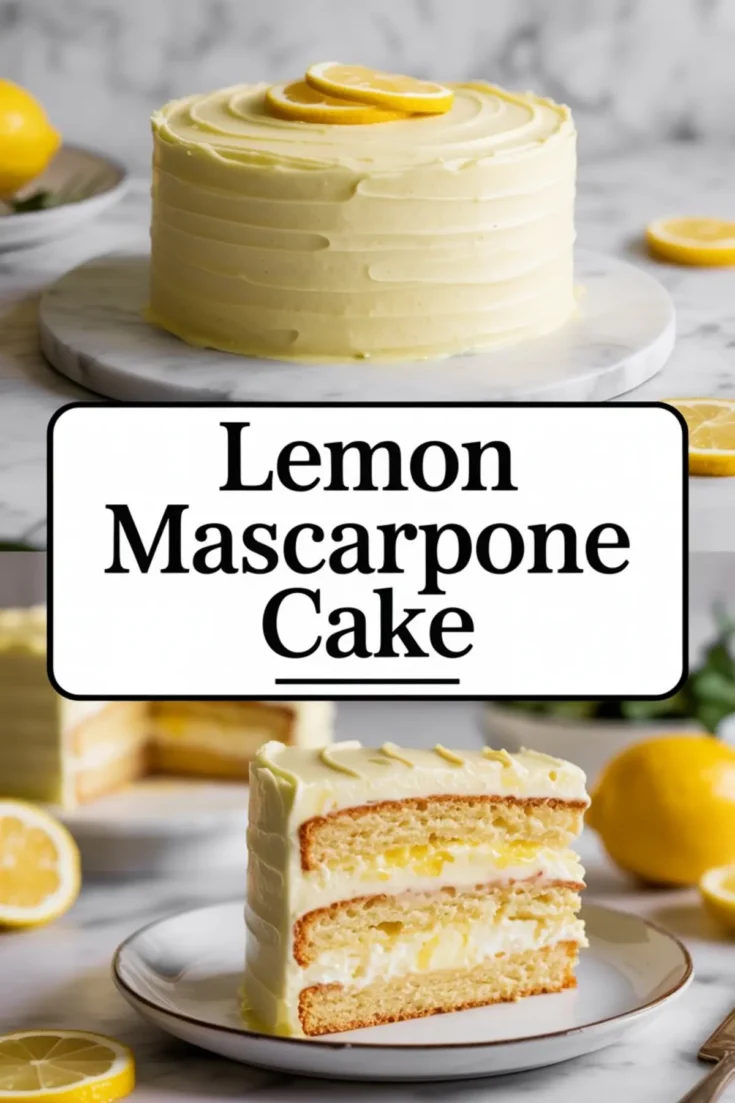 Round lemon mascarpone cake with smooth lemon frosting and citrus garnish, displayed whole and in a sliced view with soft cake layers and mascarpone lemon filling.