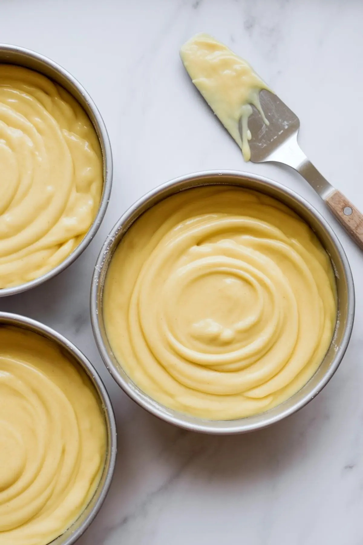 Three round baking pans filled with smooth lemon cake batter swirled to the edges, next to a spatula coated in batter on a white marble surface.
