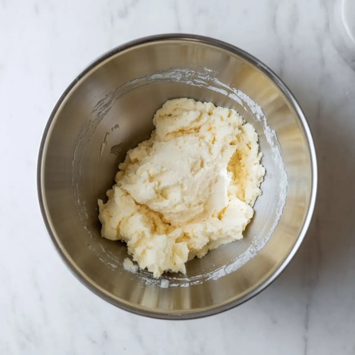 Creamy mascarpone and butter mixture blended in a metal bowl, forming the base for lemon mascarpone frosting.
