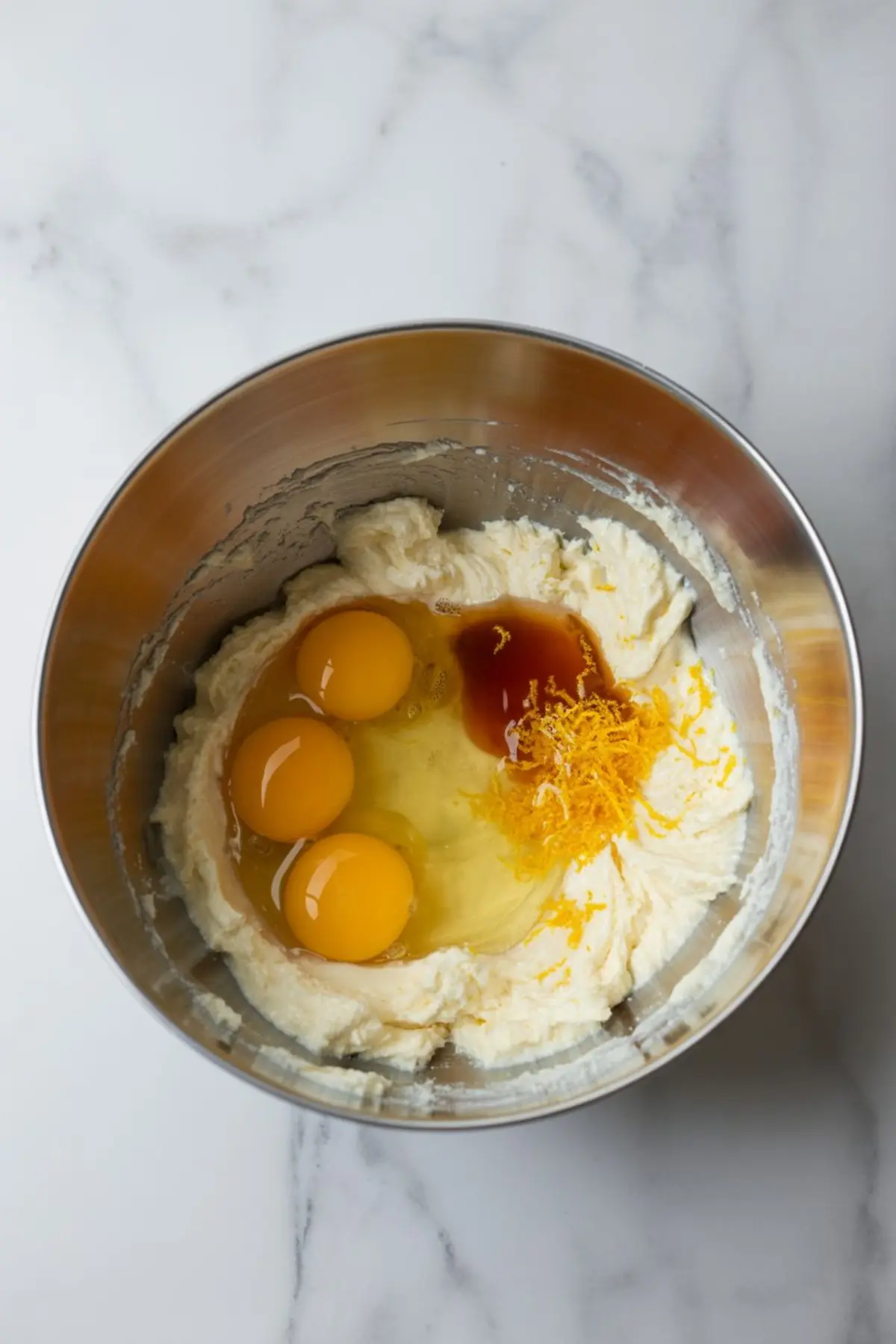 Metal mixing bowl containing eggs, lemon zest, and vanilla over creamed mascarpone and butter, ready to be mixed for lemon mascarpone cake batter.
