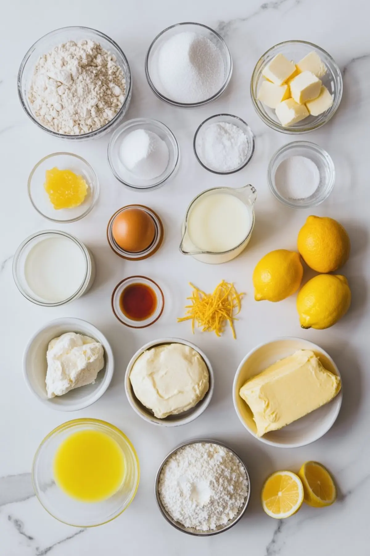 Flat lay of lemon mascarpone cake ingredients on a white surface, including flour, sugar, butter, mascarpone, lemons, eggs, lemon curd, and vanilla extract.
