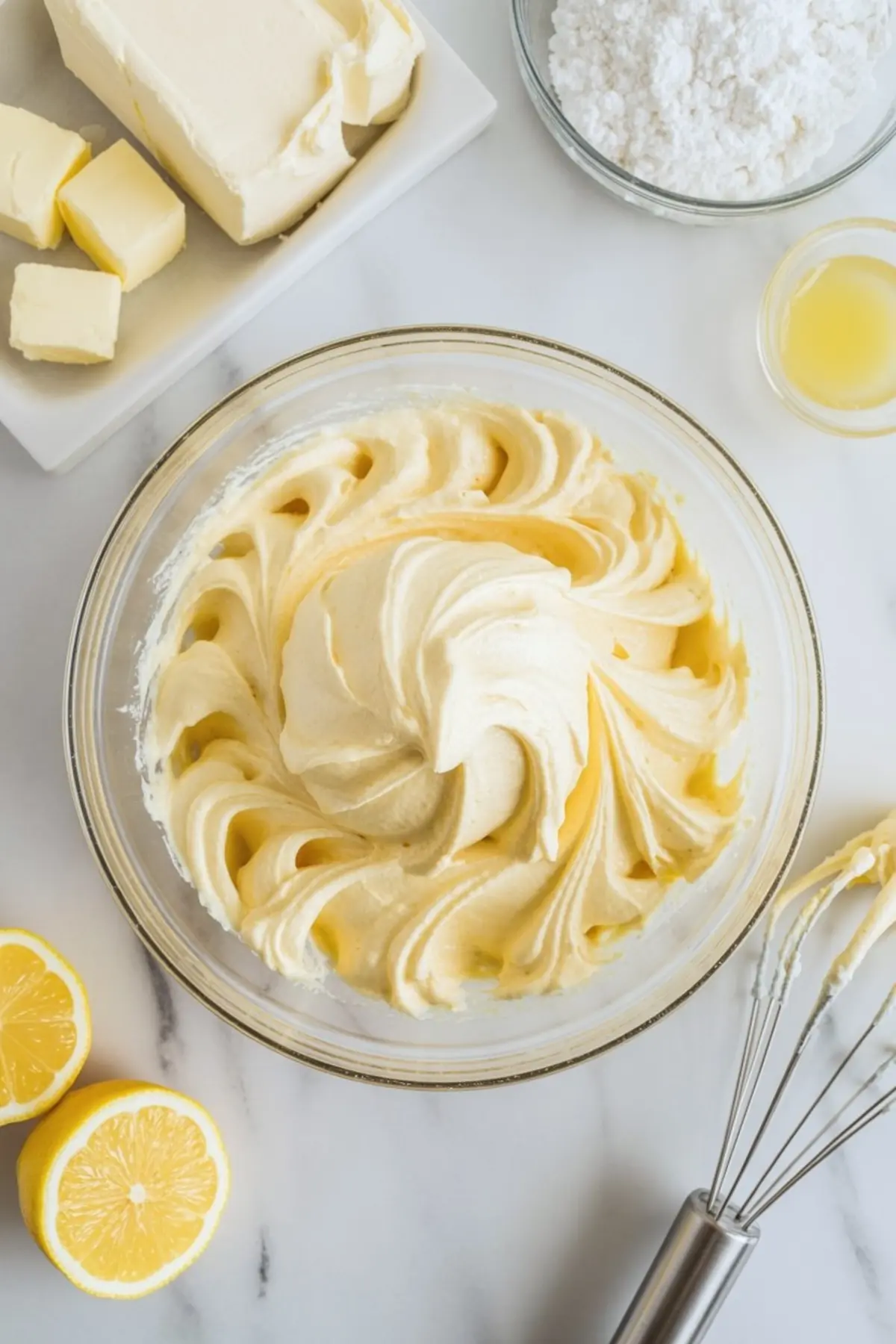 Whipped lemon mascarpone frosting in a glass bowl with a swirl texture, surrounded by fresh lemons, butter cubes, powdered sugar, and lemon juice.
