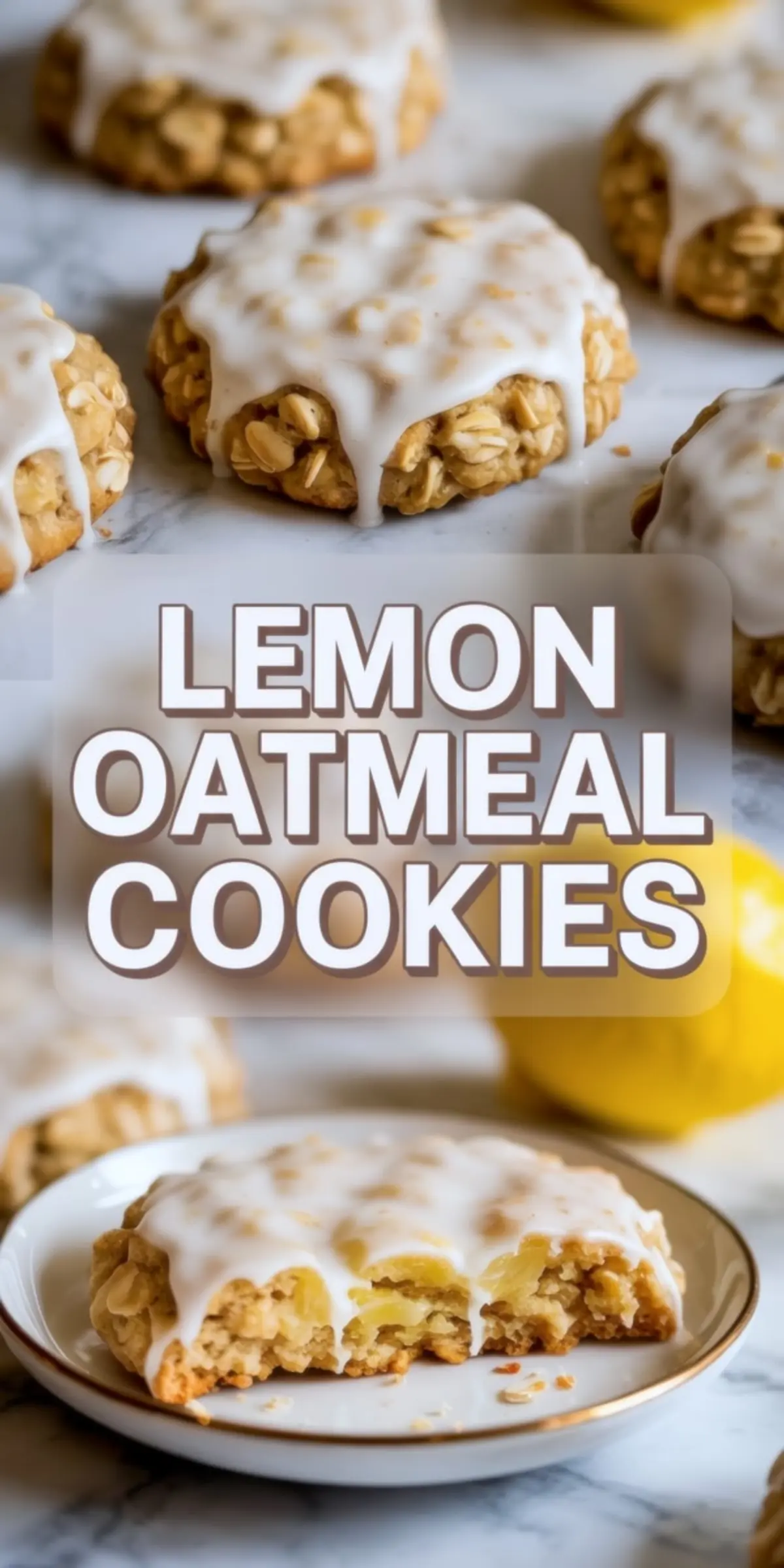 Vertical collage featuring iced lemon oatmeal cookies arranged on marble, with a close-up of a halved cookie on a plate showing a soft, lemony oat-filled center, alongside clear “Lemon Oatmeal Cookies” text overlay.
