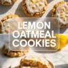 Bright vertical collage of lemon oatmeal cookies styled on white marble and parchment with a top-down view and close-up of a bitten cookie on a plate, topped with glossy icing and bits of lemon zest, accompanied by bold text “Lemon Oatmeal Cookies.”