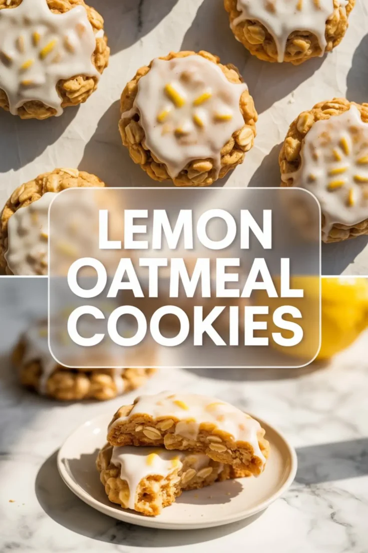 Bright vertical collage of lemon oatmeal cookies styled on white marble and parchment with a top-down view and close-up of a bitten cookie on a plate, topped with glossy icing and bits of lemon zest, accompanied by bold text “Lemon Oatmeal Cookies.”