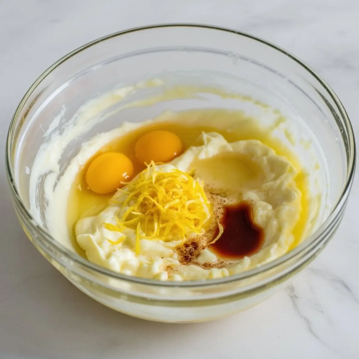 Glass mixing bowl with lemon cookie batter ingredients including eggs, sour cream, lemon zest, vanilla extract, and melted butter ready to be mixed on a marble countertop.
