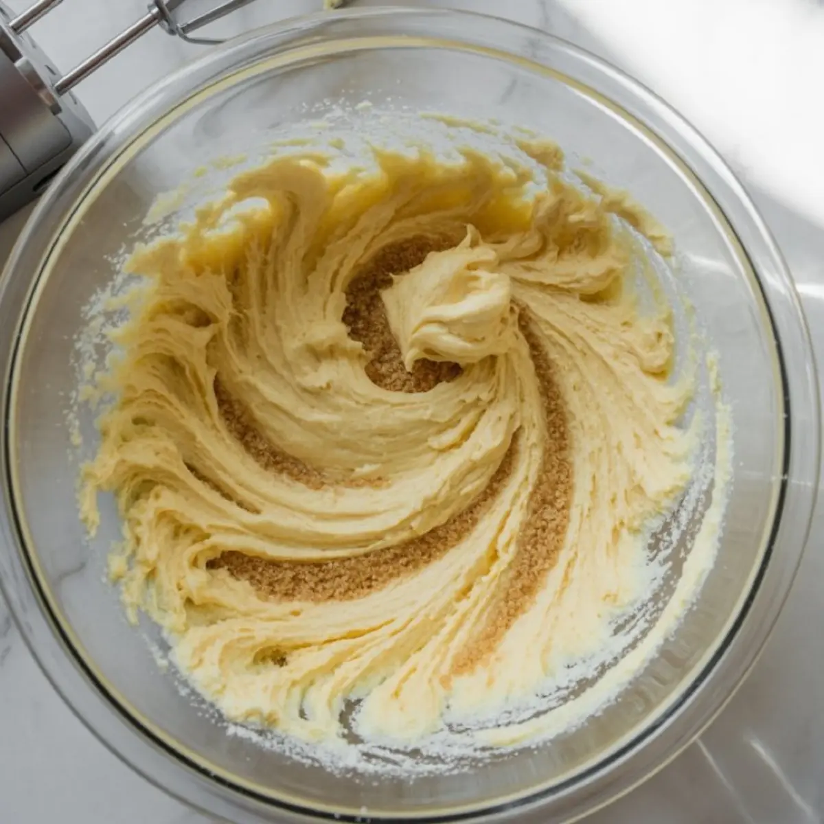 Fluffy lemon cookie batter being creamed with brown sugar in a glass bowl, showing smooth swirls and a light, whipped texture.

