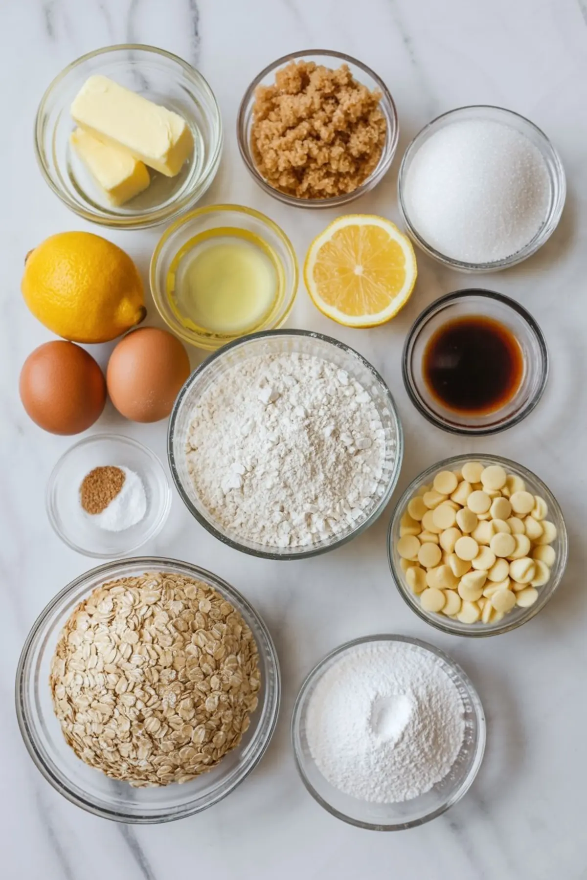 Flat lay of lemon oatmeal cookie ingredients in glass bowls, including oats, flour, white chocolate chips, lemons, eggs, butter, brown and white sugar, oil, vanilla, and spices on a marble surface.

