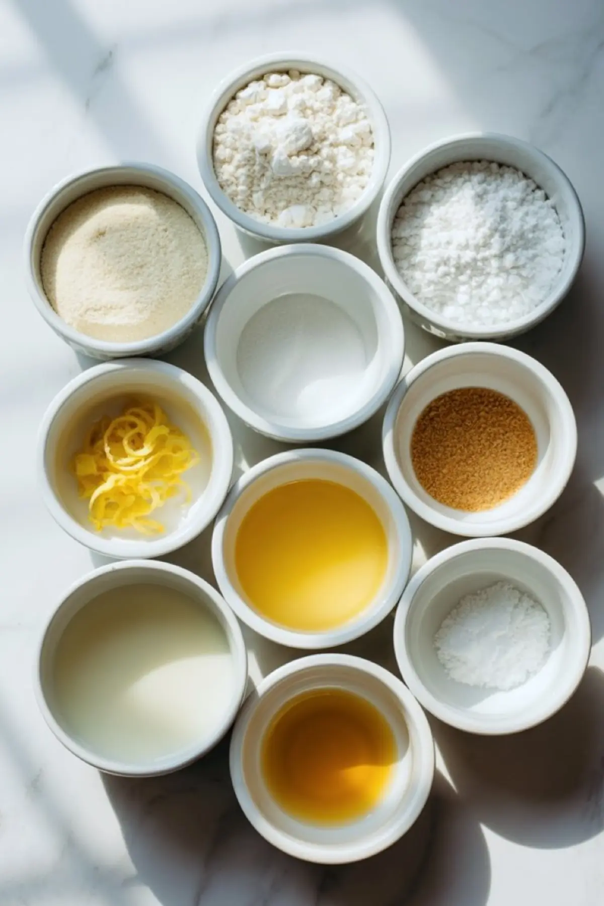 Flat lay of lemon protein mug cake ingredients arranged in small white bowls, including protein powder, flour, powdered sweetener, lemon zest, lemon juice, milk, vanilla extract, baking powder, and granulated sweetener on a marble surface.
