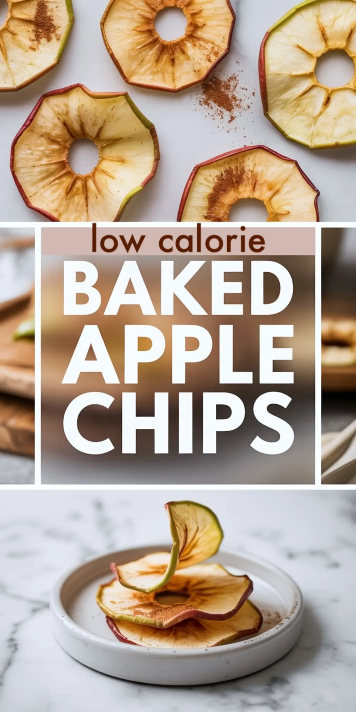 Crispy baked apple chips with cinnamon on a white surface and a small plate, styled with curled edges and light browning. The bold text emphasizes the low-calorie appeal of these homemade fruit snacks made from simple ingredients.
