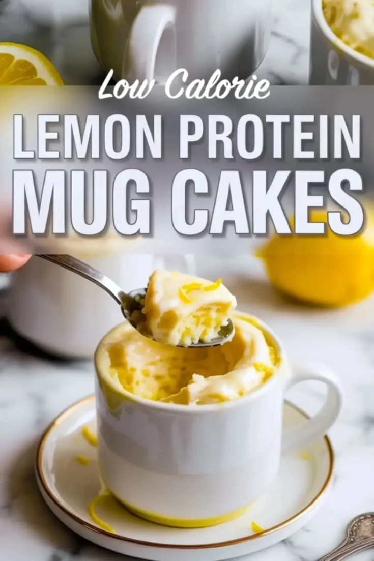 Vertical collage showing a white ceramic mug filled with lemon protein mug cake on a saucer, a spoon lifting a soft lemon cake bite with visible lemon zest, whole lemons in the background, and bold text reading low calorie lemon protein mug cakes.