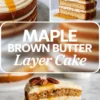 Triple-panel Pinterest collage of maple brown butter cake with top view of swirled frosting and pecans, angled slice showing dense layers and caramel, and a bottom slice image on a white plate with bold text in the center.