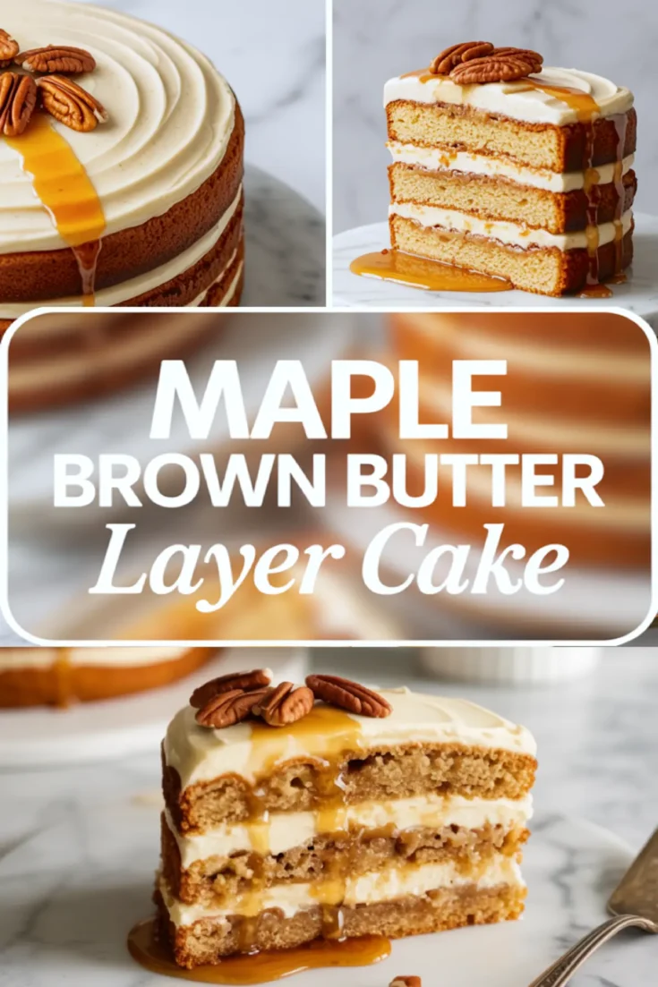 Triple-panel Pinterest collage of maple brown butter cake with top view of swirled frosting and pecans, angled slice showing dense layers and caramel, and a bottom slice image on a white plate with bold text in the center.