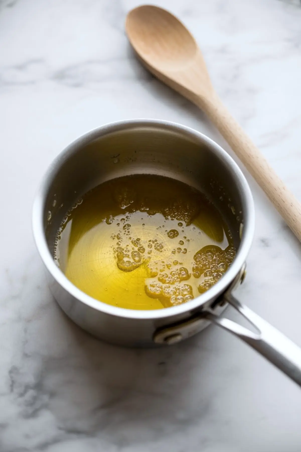 Small saucepan filled with melted brown butter on a marble countertop, with a wooden spoon resting nearby.