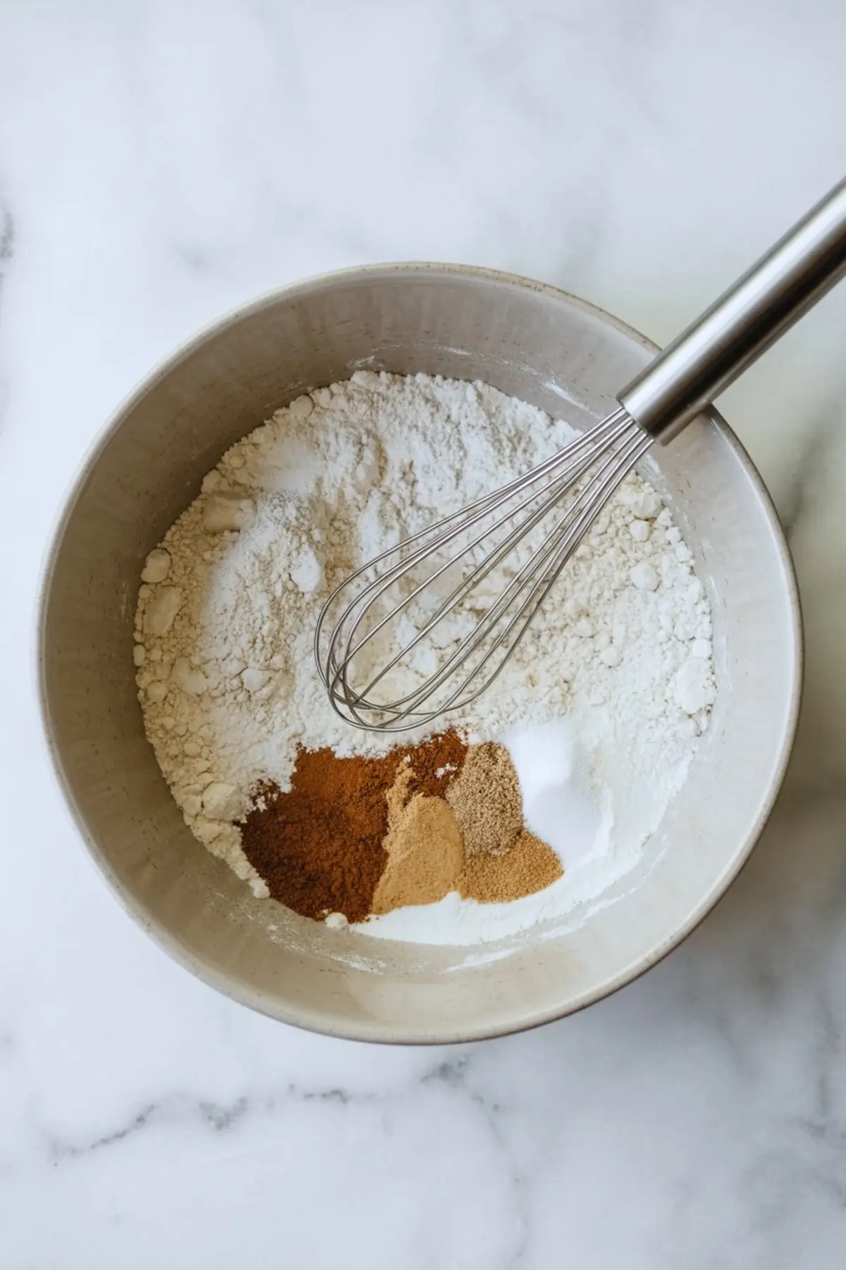 Mixing bowl with flour and ground spices including cinnamon, nutmeg, and ginger, alongside a metal whisk on a white marble surface.