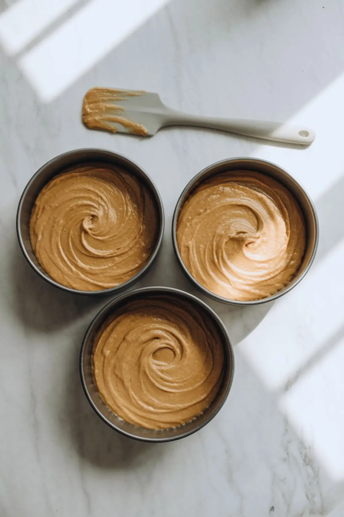 Three cake pans filled with swirled maple cake batter, with a silicone spatula resting above them on a white marble counter.
