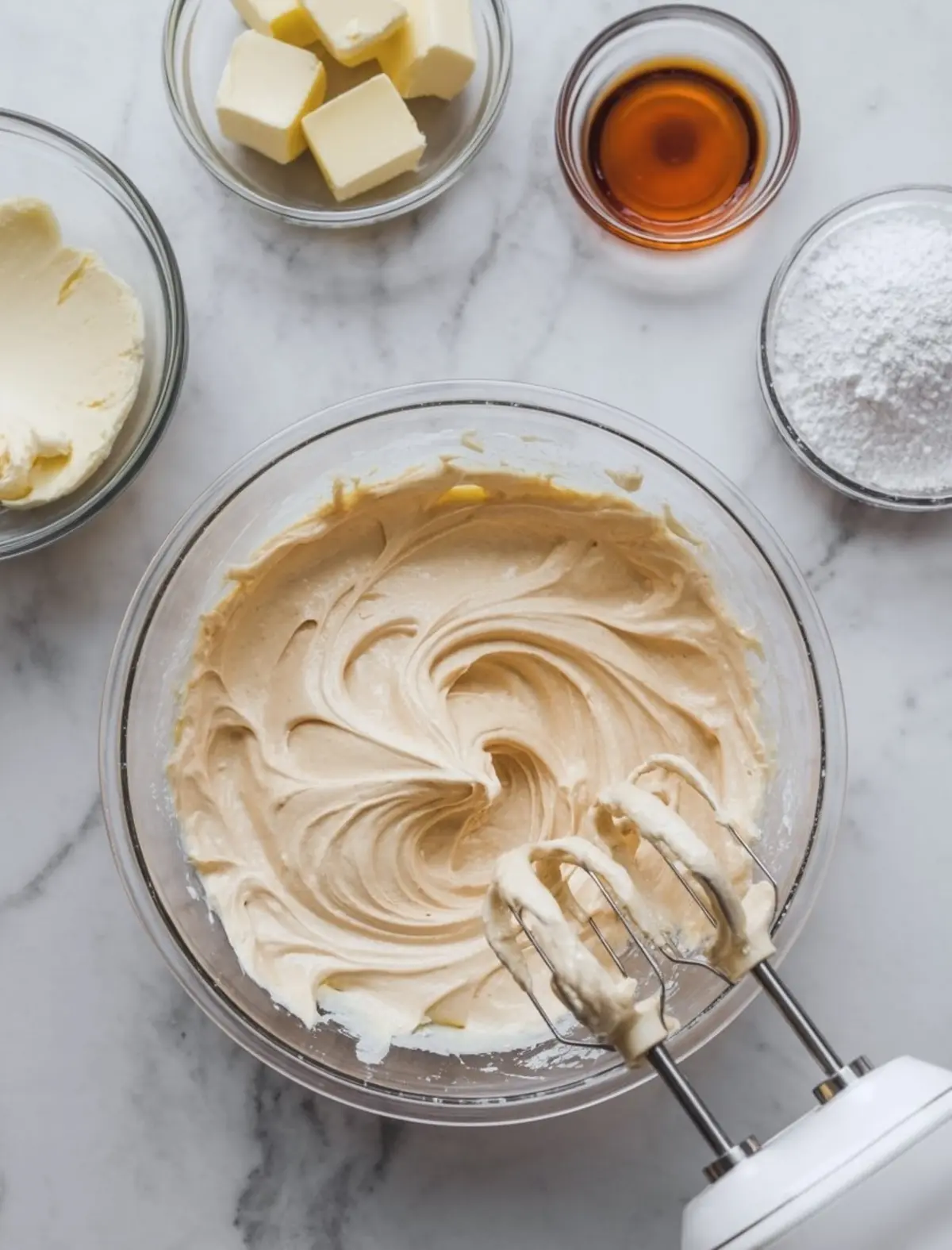 Creamy maple frosting in a glass mixing bowl surrounded by ingredients like cubed butter, cream cheese, vanilla extract, and powdered sugar with a hand mixer resting on the side.