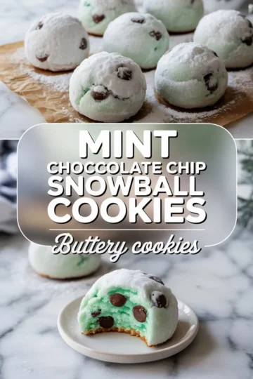 Top frame displays freshly baked mint chocolate chip snowball cookies coated in powdered sugar, arranged on brown parchment paper, while the bottom frame highlights a cookie sliced open, revealing vibrant mint green dough and melty chocolate chips on a white plate.