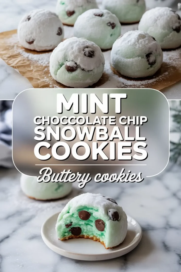 Top frame displays freshly baked mint chocolate chip snowball cookies coated in powdered sugar, arranged on brown parchment paper, while the bottom frame highlights a cookie sliced open, revealing vibrant mint green dough and melty chocolate chips on a white plate.