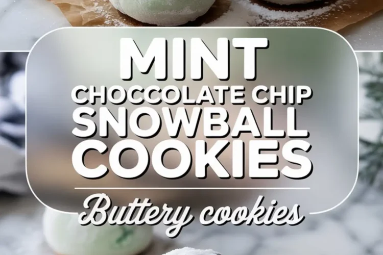 Top frame displays freshly baked mint chocolate chip snowball cookies coated in powdered sugar, arranged on brown parchment paper, while the bottom frame highlights a cookie sliced open, revealing vibrant mint green dough and melty chocolate chips on a white plate.