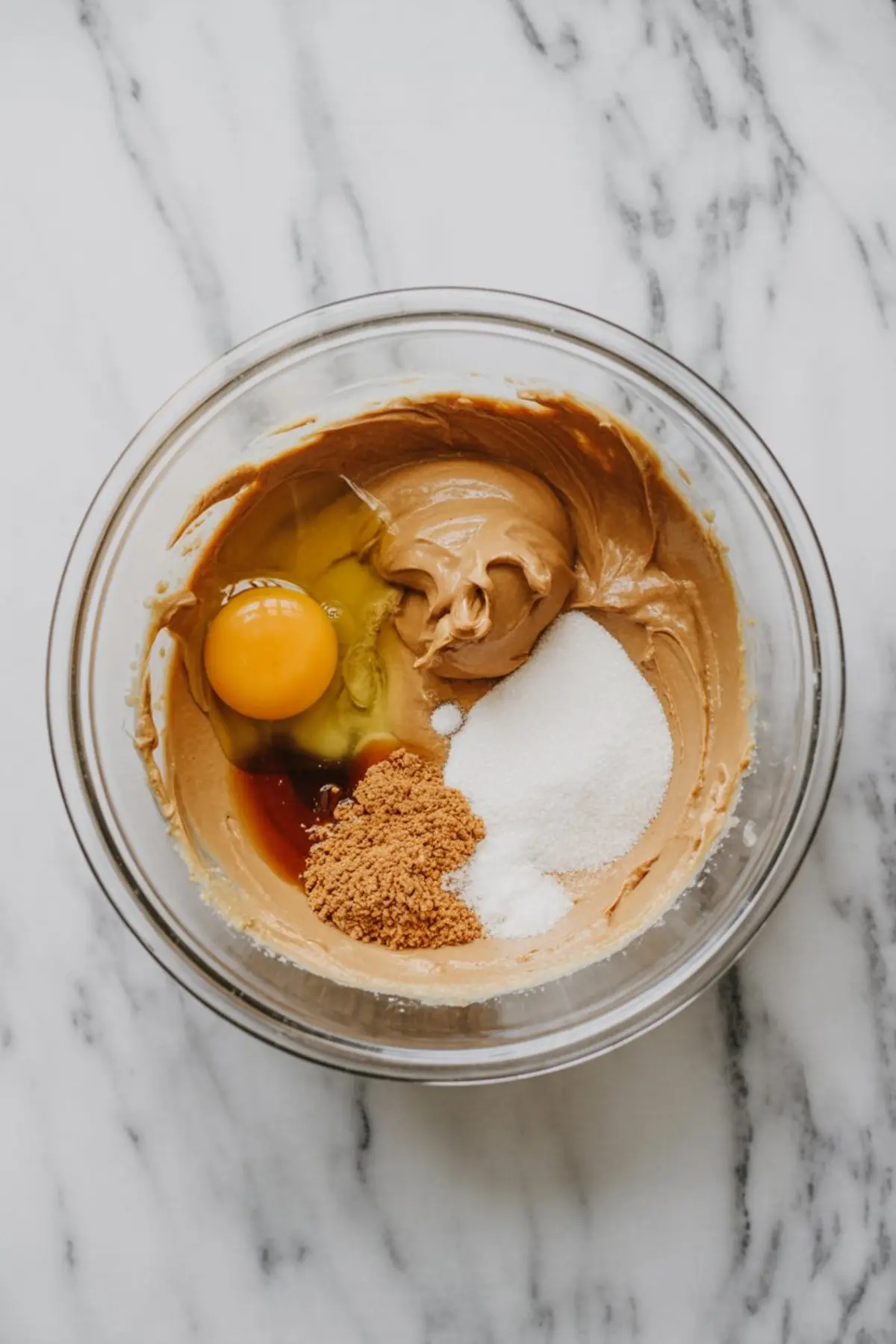 Glass mixing bowl with creamy peanut butter, one cracked egg, white sugar, brown sugar, vanilla extract, and oat flour on a marble surface for homemade peanut butter cookie dough.
