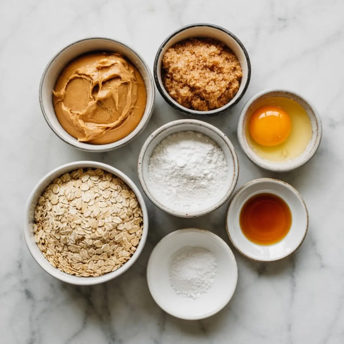 Flat lay of peanut butter cookie ingredients including rolled oats, brown sugar, powdered sugar, peanut butter, baking soda, vanilla extract, and a cracked egg in small ceramic bowls on marble.
