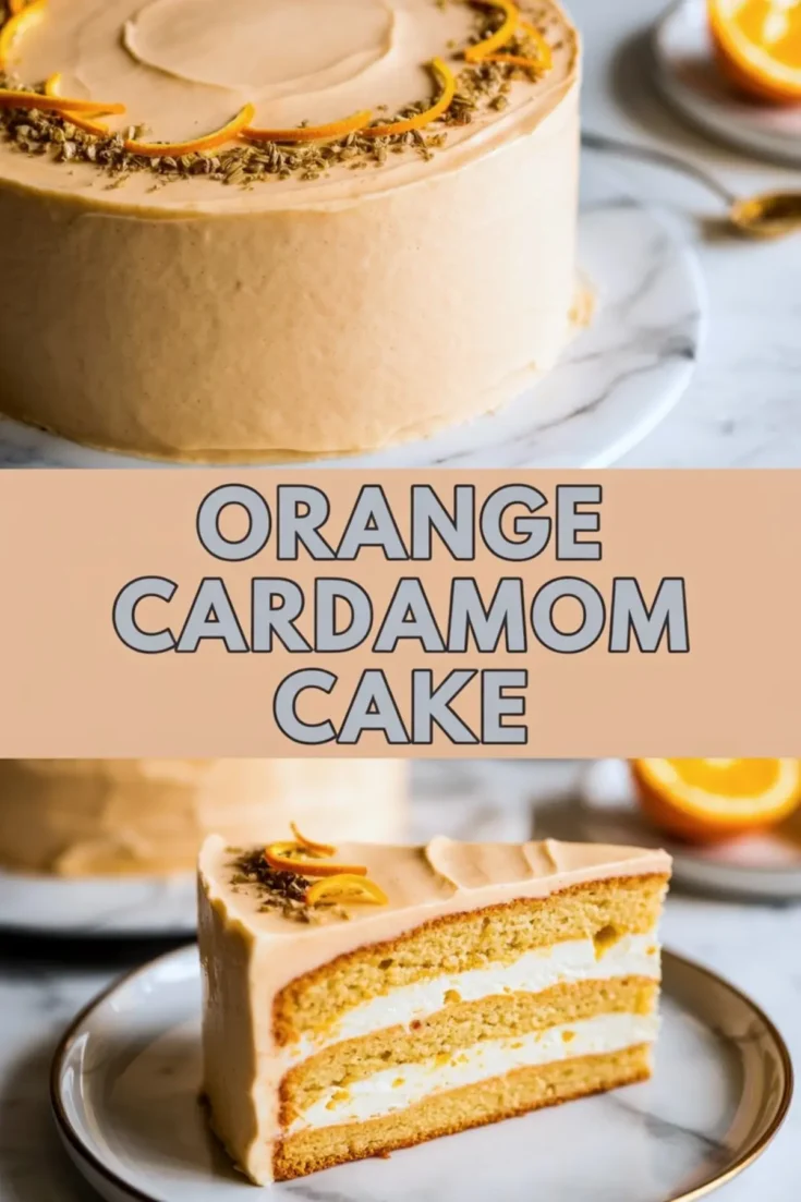 Collage of an orange cardamom cake with smooth frosting, topped with orange zest and whole spices, and a plated slice showing layers of citrus-infused sponge and creamy filling. Bold overlay reads “Orange Cardamom Cake.”