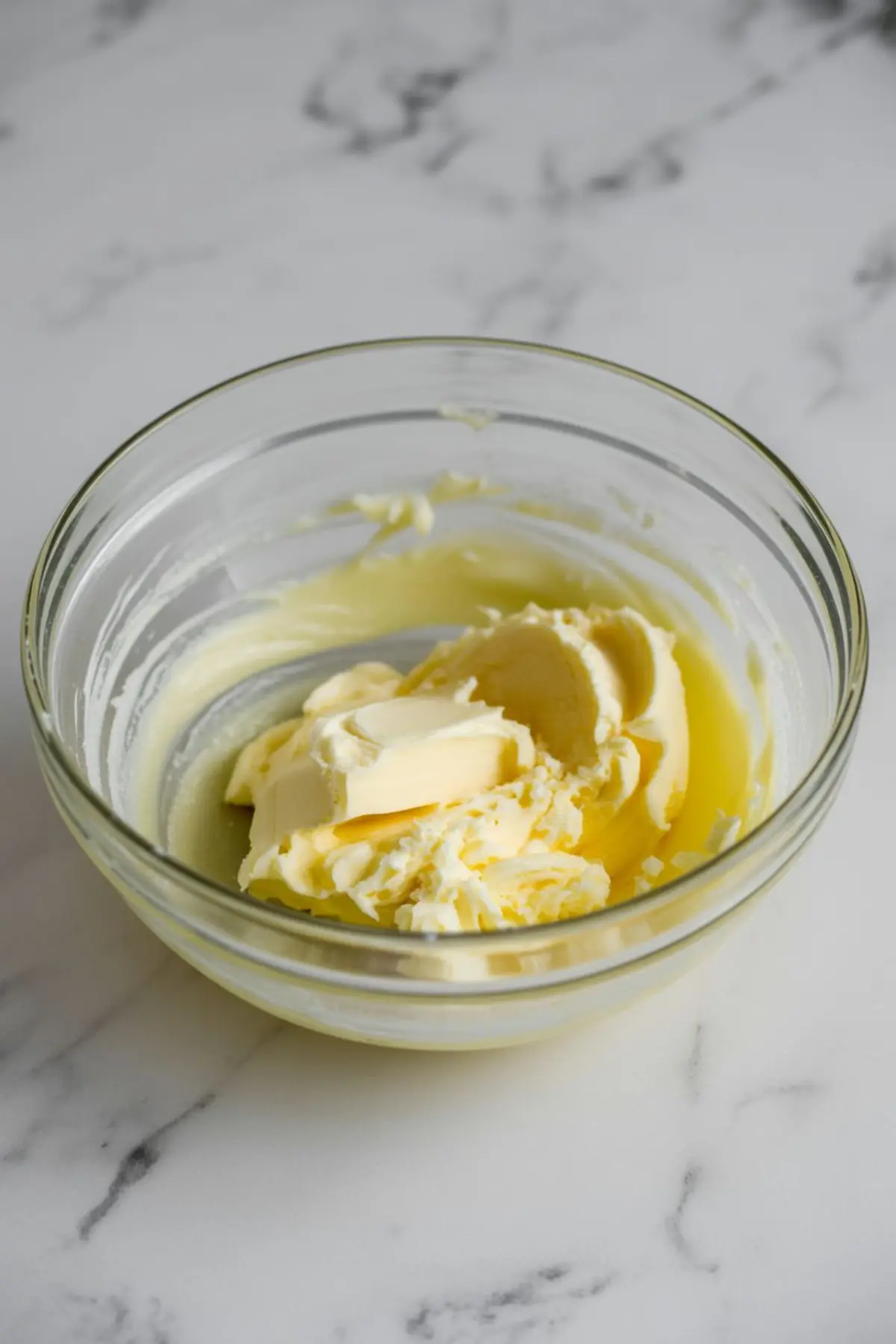 Glass bowl containing softened butter and cream cheese ready for mixing, set on a white marble surface for cake frosting preparation.