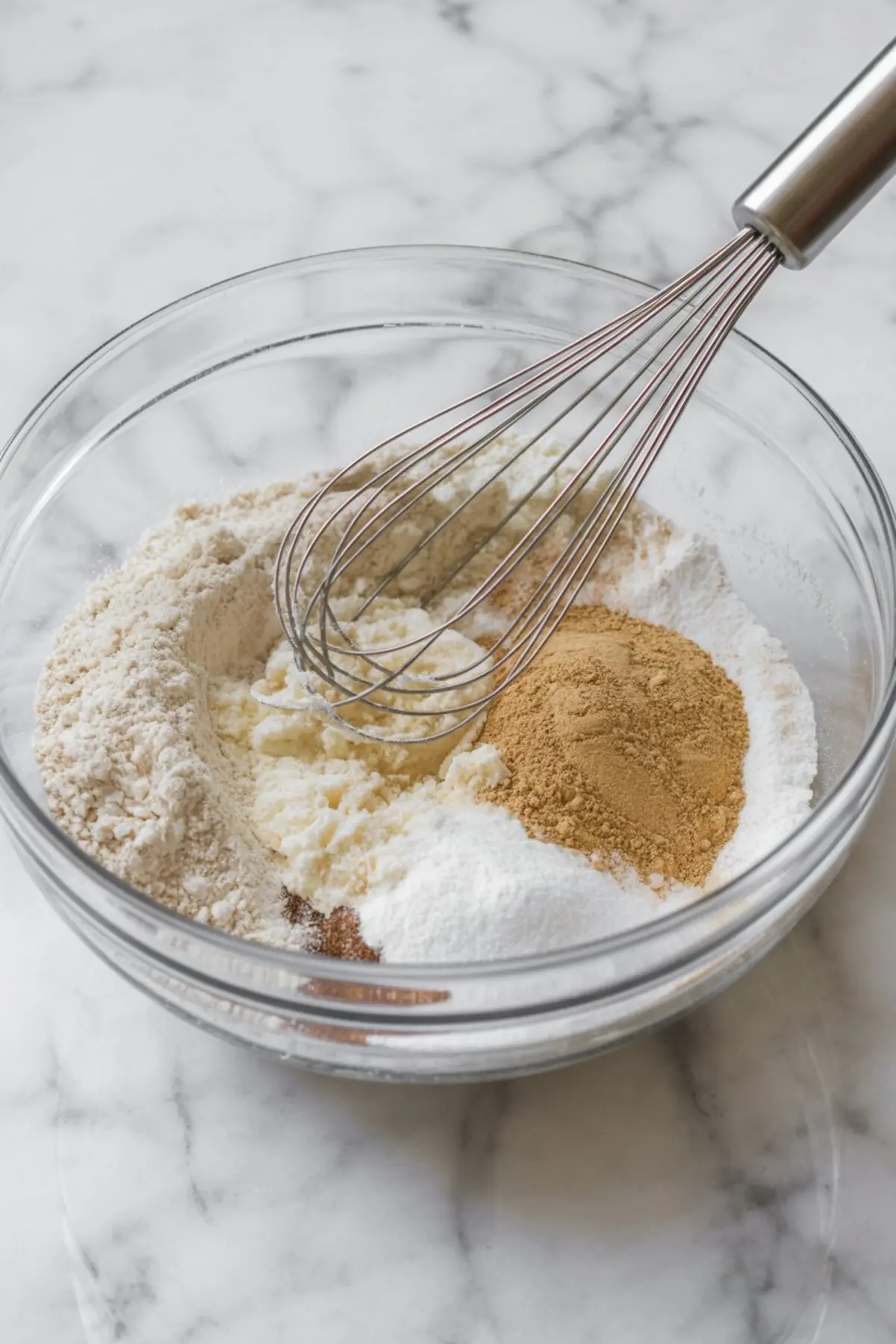 Glass mixing bowl filled with dry ingredients including flour, baking powder, ground cardamom, and shredded coconut, with a metal whisk resting on top.