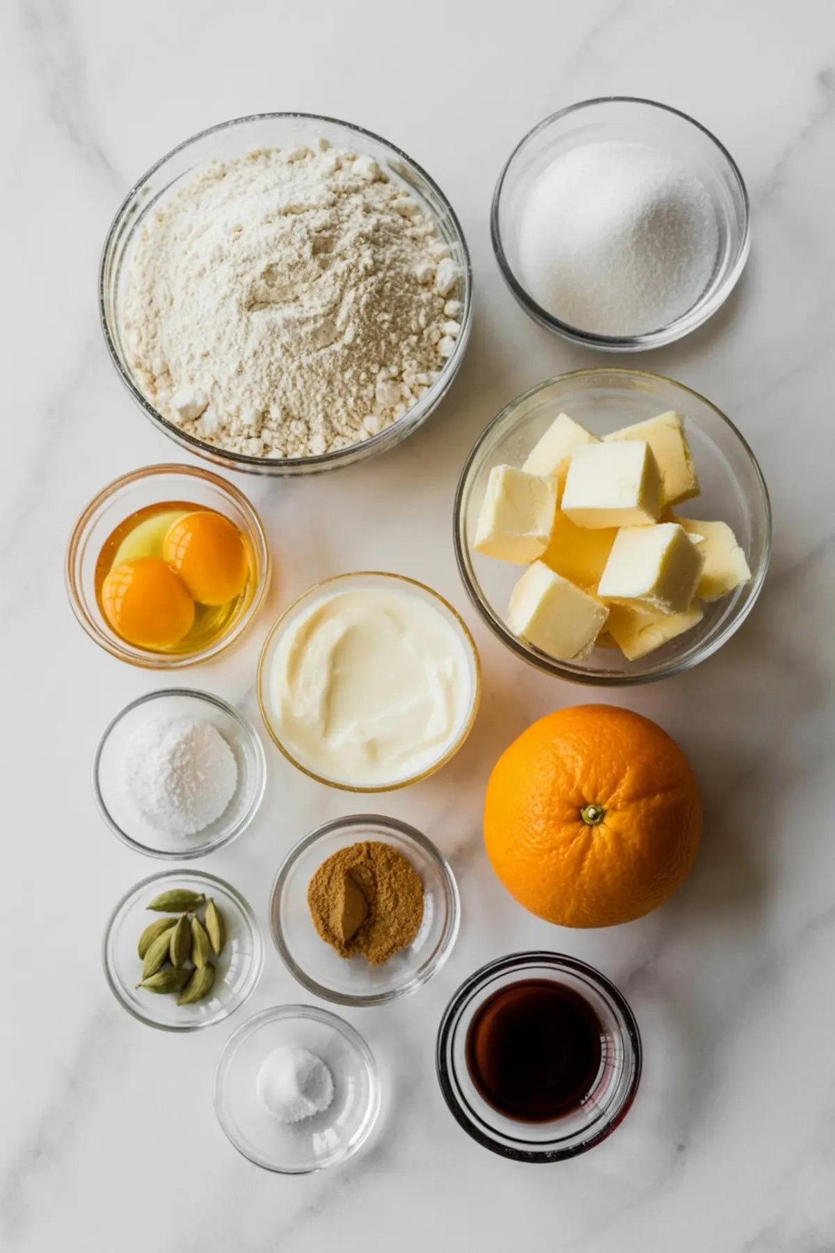 Flat lay of ingredients for orange cardamom cake, including flour, sugar, butter, eggs, yogurt, cardamom pods, ground cardamom, baking soda, salt, vanilla, and a whole orange.