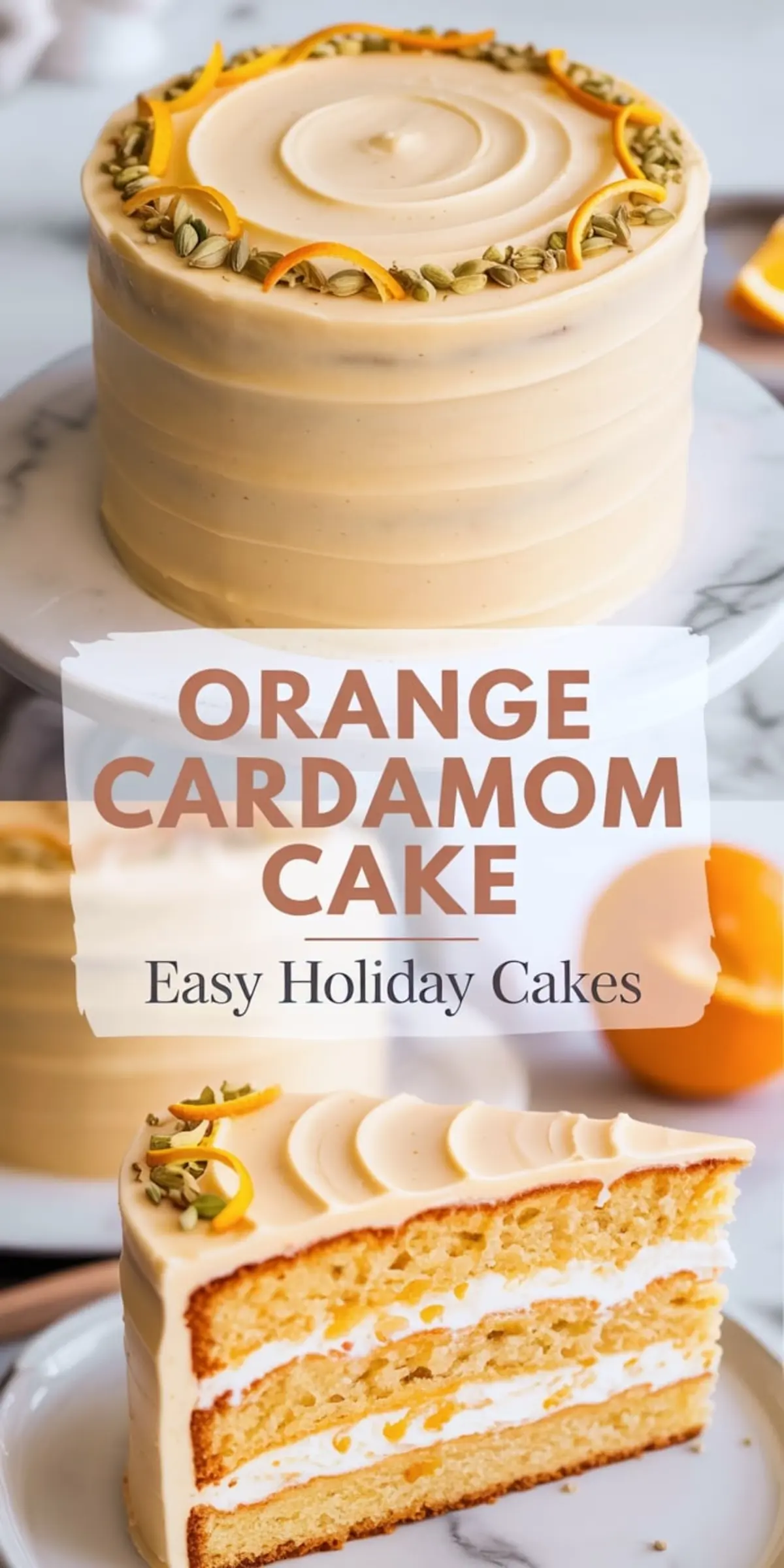 Collage showing a decorated orange cardamom cake with smooth citrus frosting and a close-up slice revealing fluffy cake layers and creamy filling. Text overlay reads “Orange Cardamom Cake — Easy Holiday Cakes.”