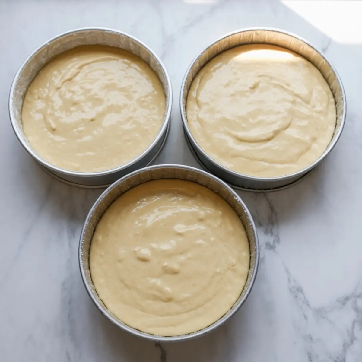 Three round baking pans filled with smooth orange cardamom cake batter, placed on a marble counter, ready for baking.