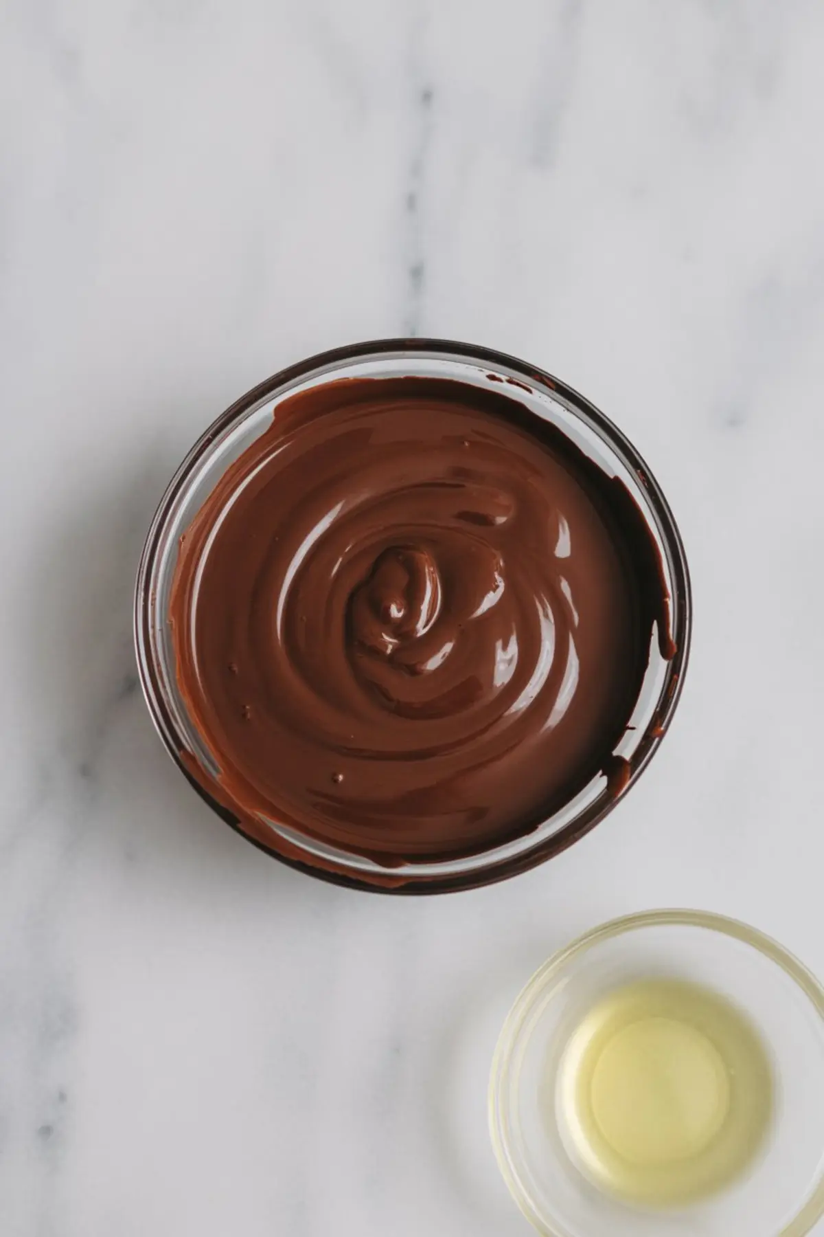 Top-down view of a glass bowl filled with melted dark chocolate and a smaller bowl containing clear coconut oil, both placed on a white marble surface.
