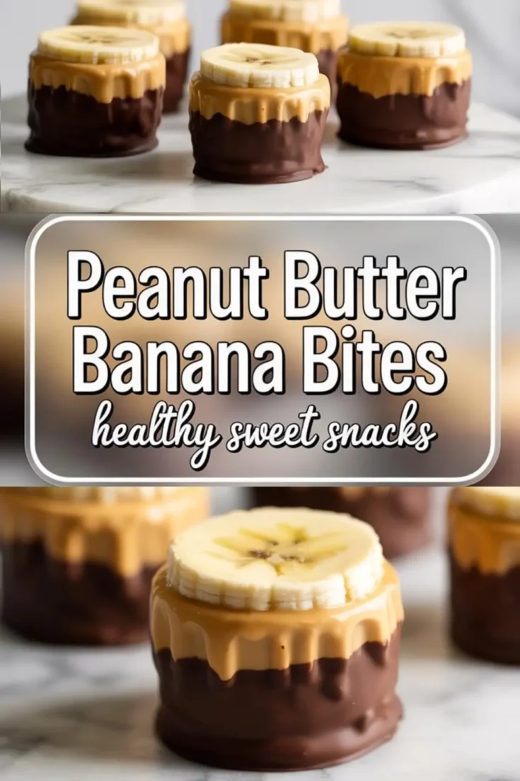 A close-up collage of peanut butter banana bites arranged on a marble surface. The bites consist of thick banana slices stacked over smooth peanut butter and dipped in dark chocolate. The text overlay reads “Peanut Butter Banana Bites - healthy sweet snacks.”