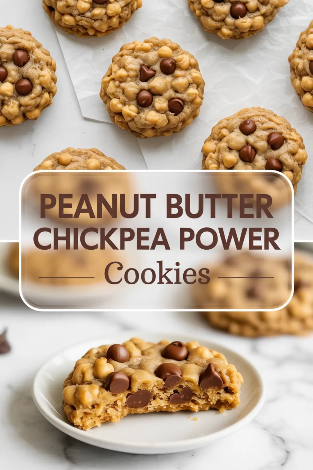 Collage showing peanut butter chickpea cookies topped with chocolate chips on parchment, and a close-up of a bitten cookie on a plate; overlaid text reads “Peanut Butter Chickpea Power Cookies.”
