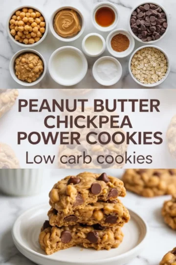 Collage of peanut butter chickpea cookie ingredients in white bowls including oats, chocolate chips, peanut butter, chickpeas, vanilla, and cinnamon, followed by stacked baked cookies; overlaid text reads “Peanut Butter Chickpea Power Cookies – Low carb cookies.”