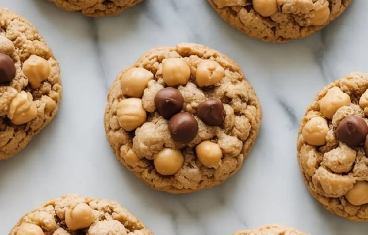 Close-up of freshly baked peanut butter chickpea cookies on a marble surface, each topped with whole chickpeas and melted chocolate chips.
