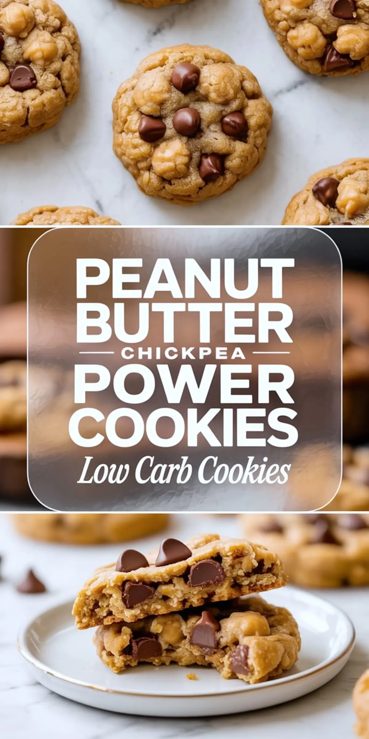 Collage featuring peanut butter chickpea cookies on marble, and a close-up of a halved cookie stacked to show gooey chocolate chip interior; overlaid text reads “Peanut Butter Chickpea Power Cookies – Low Carb Cookies.”
