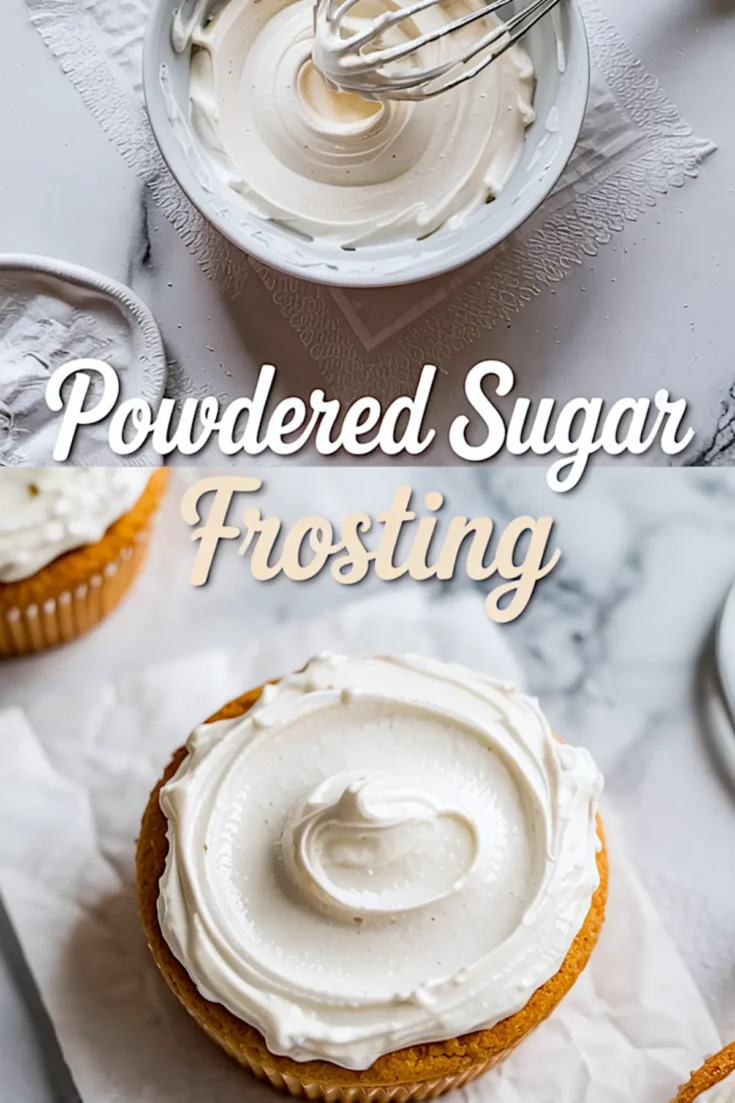 Vertical collage shows a bowl of whipped powdered sugar frosting with a whisk on parchment paper above a vanilla cupcake topped with smooth white frosting, styled on a marble background with text reading powdered sugar frosting.