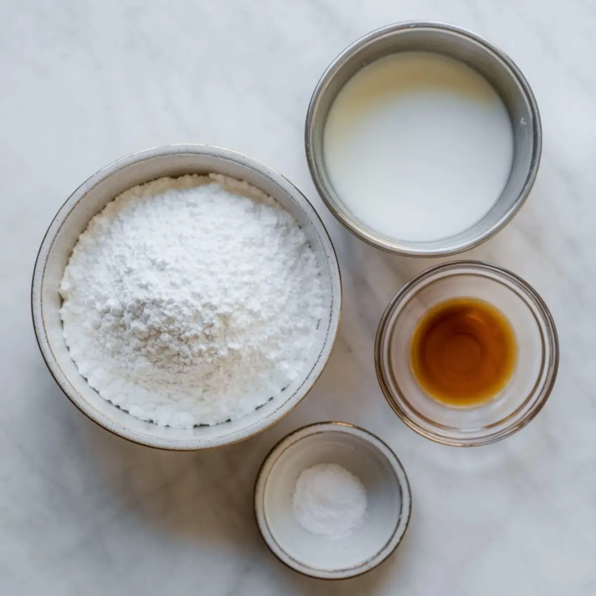 Measured frosting ingredients rest on a marble countertop, including powdered sugar in a ceramic bowl, milk in a metal cup, vanilla extract in a small glass bowl, and salt arranged neatly.
