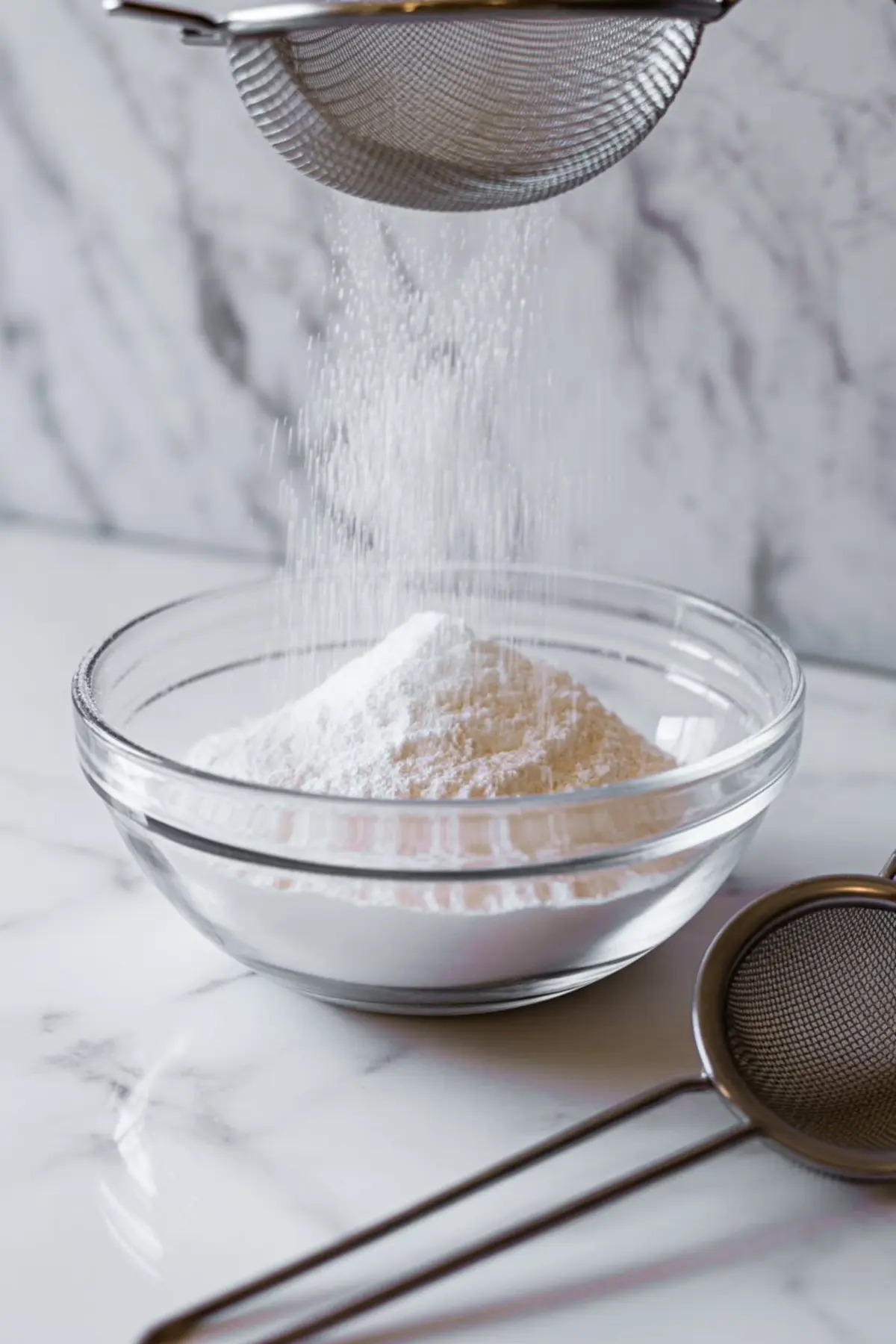 Fine powdered sugar falls through a metal sieve into a clear glass bowl on a white marble surface, showing a baking preparation step with smooth white sugar and minimal kitchen styling.
