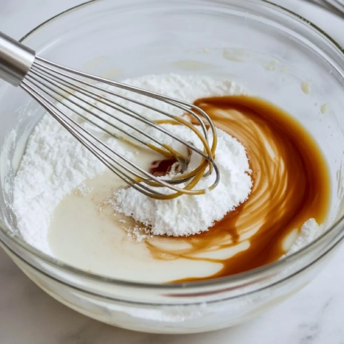 Powdered sugar, milk, and vanilla extract sit in a glass mixing bowl as a metal whisk blends the ingredients, showing an early stage of powdered sugar frosting with creamy texture forming.
